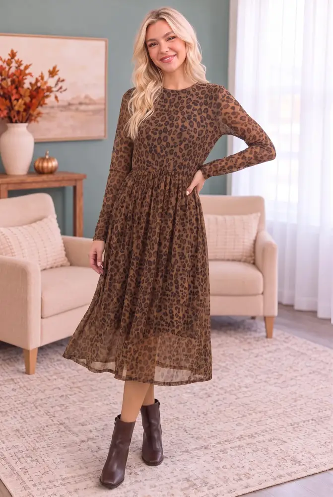 Leopard Mesh Long Sleeve Midi Dress