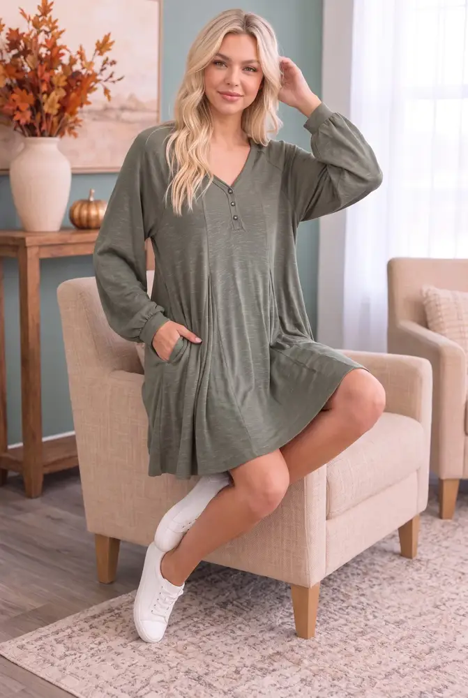 Sage Green Long Sleeve Swing Dress