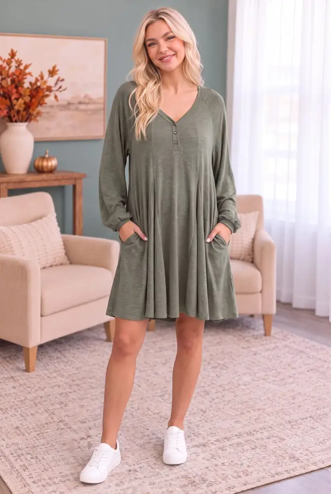 Sage Green Long Sleeve Swing Dress