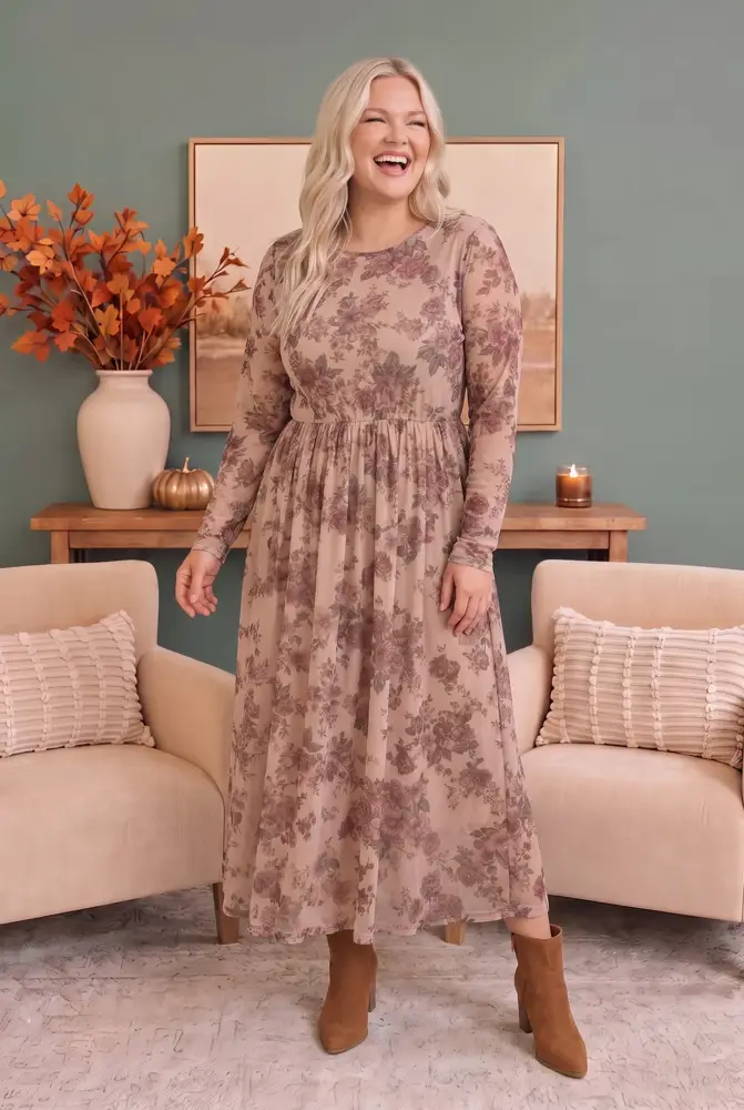 Plus Size Mauve Floral Mesh Midi Dress