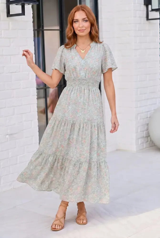 Floral Smocked Waist Tiered Midi Dress